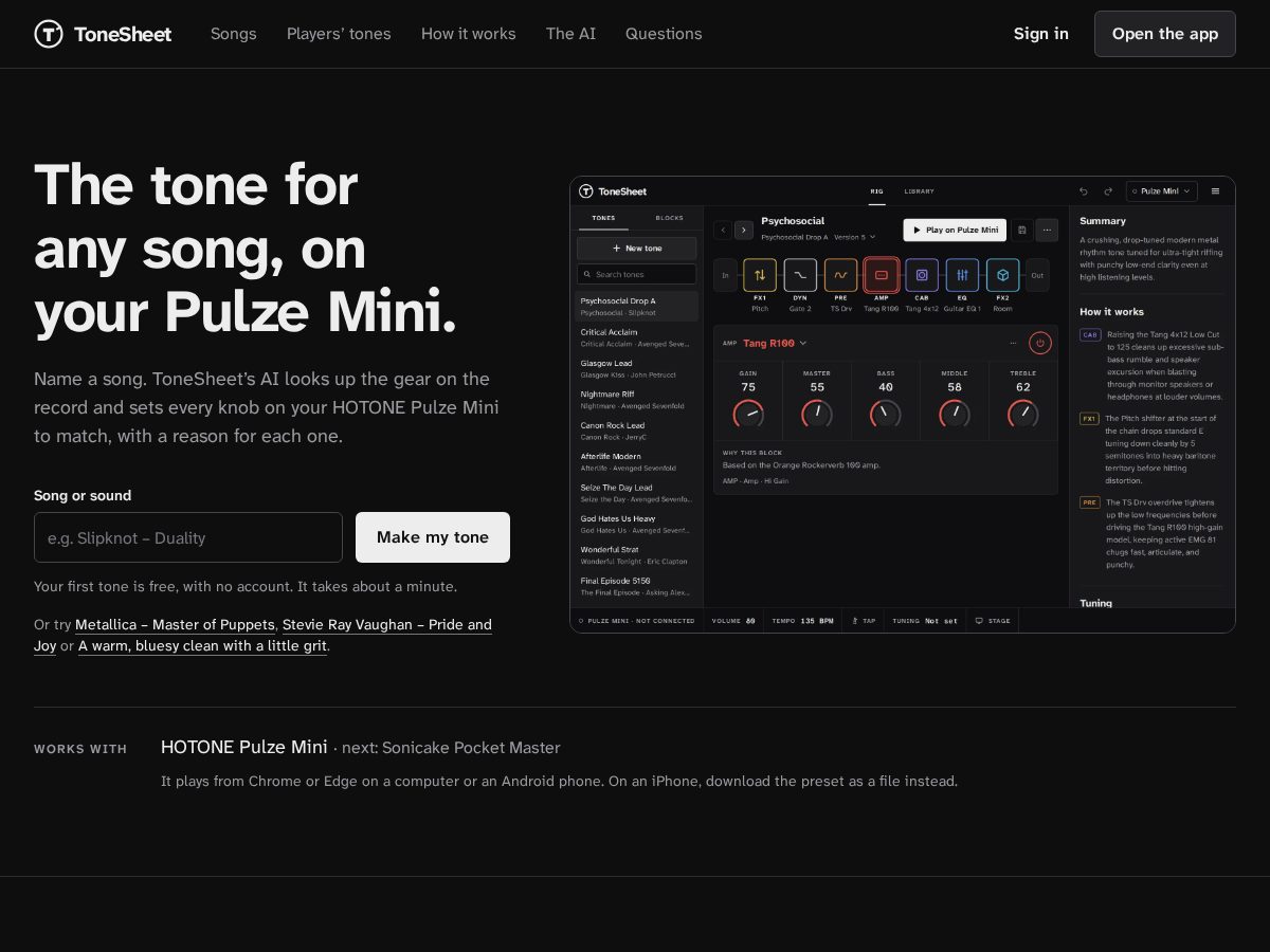 Landing-page snapshot of tonesheet.com