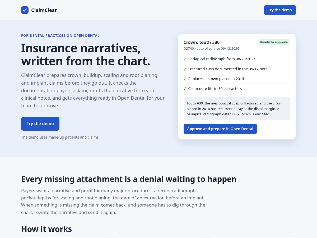 Landing-page snapshot of tryclaimcleardental.com