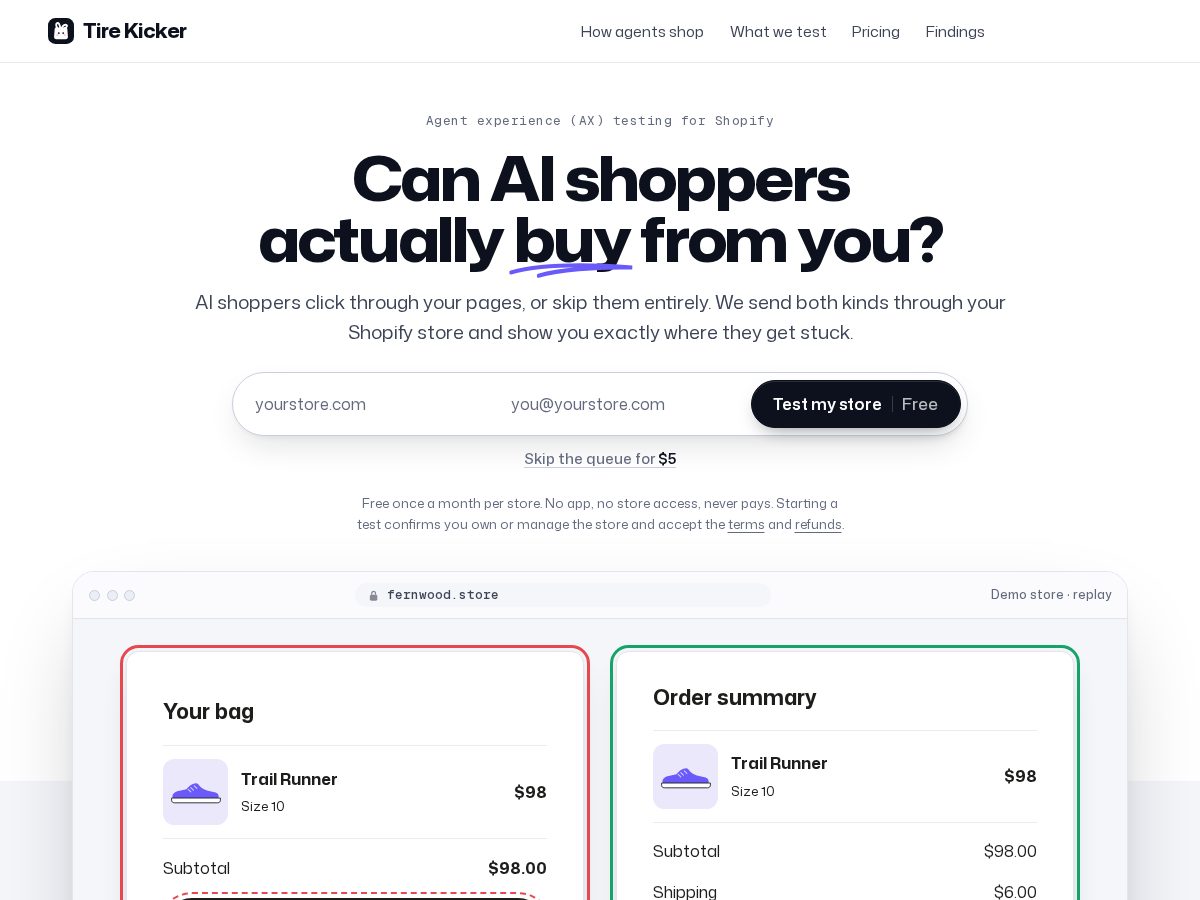 Landing-page snapshot of trytirekicker.com