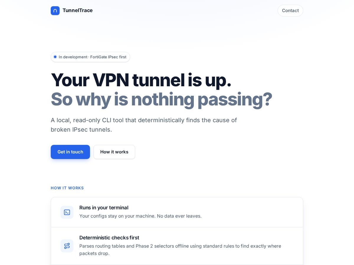 Landing-page snapshot of tunneltrace.tech