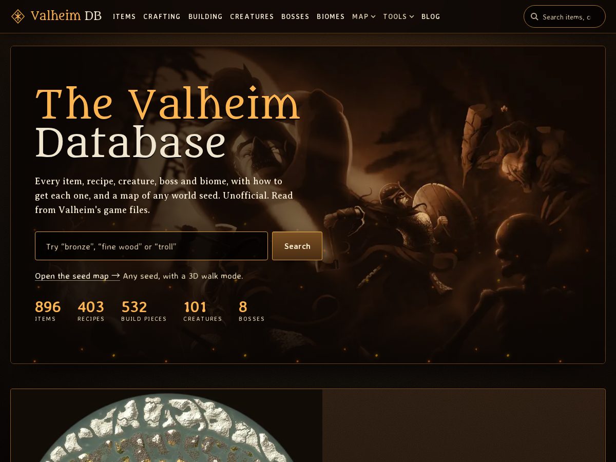 Landing-page snapshot of valheimdatabase.com