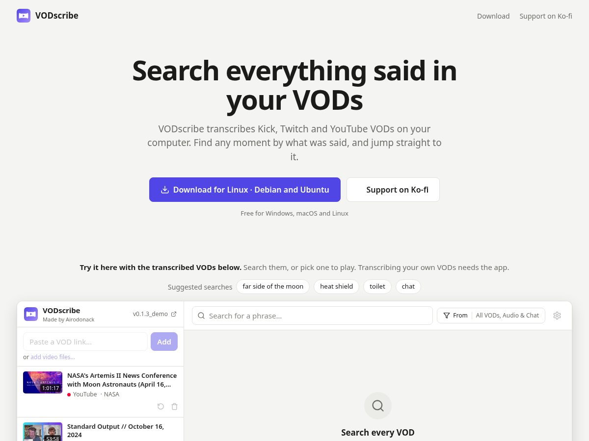 Landing-page snapshot of vodscribe.com