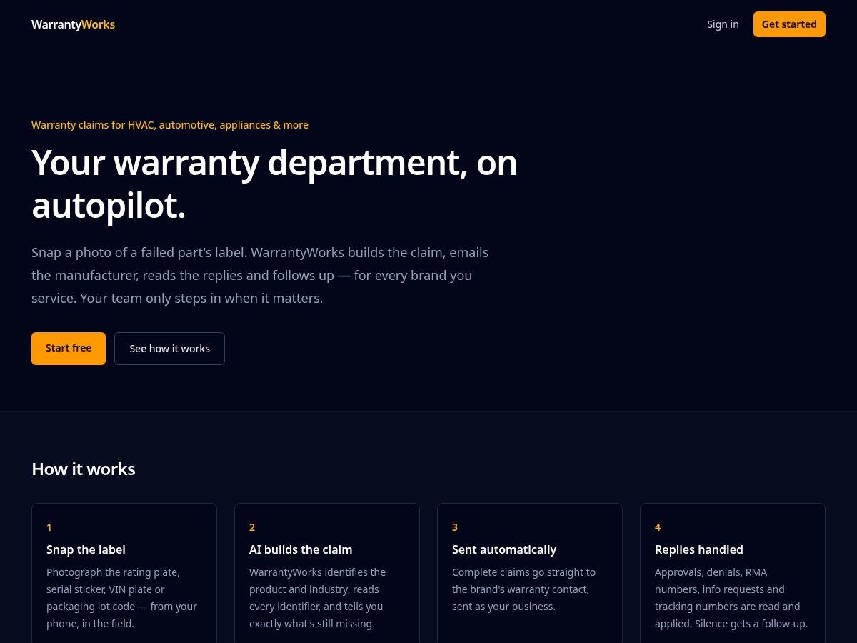 Landing-page snapshot of warrantyworks.app