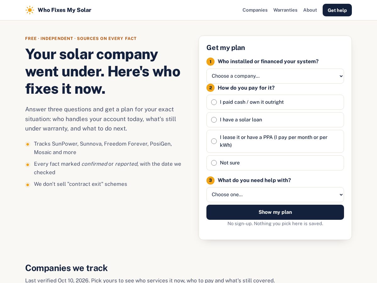 Landing-page snapshot of whofixesmysolar.com