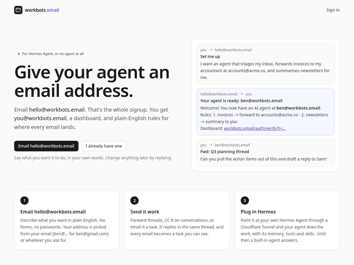 Landing-page snapshot of workbots.email