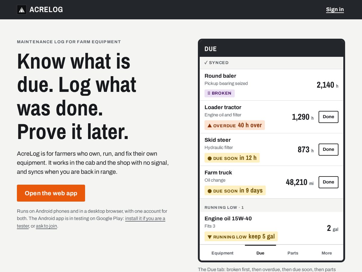 Landing-page snapshot of acrelog.app