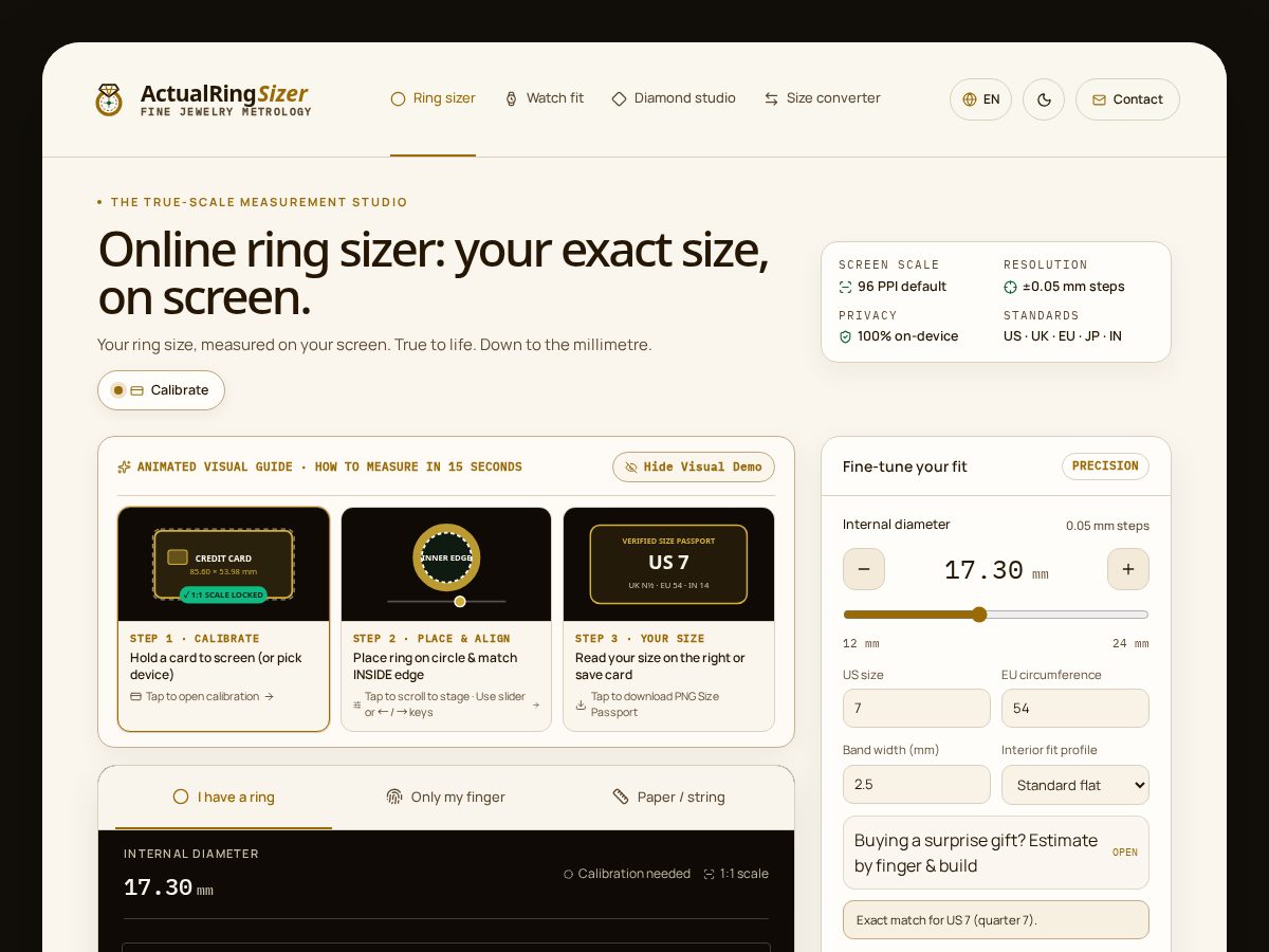 Landing-page snapshot of actualringsizer.com