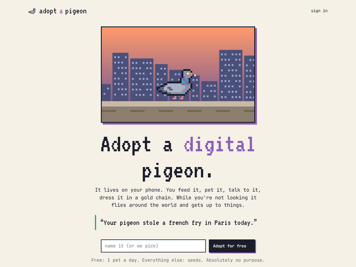 Landing-page snapshot of adoptapigeon.com
