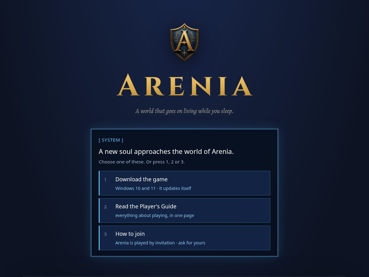 Landing-page snapshot of arenia.online
