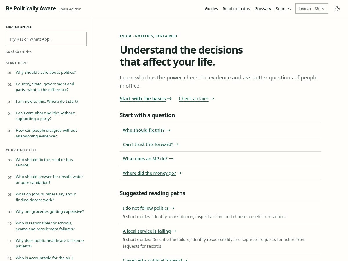 Landing-page snapshot of bepoliticallyaware.org