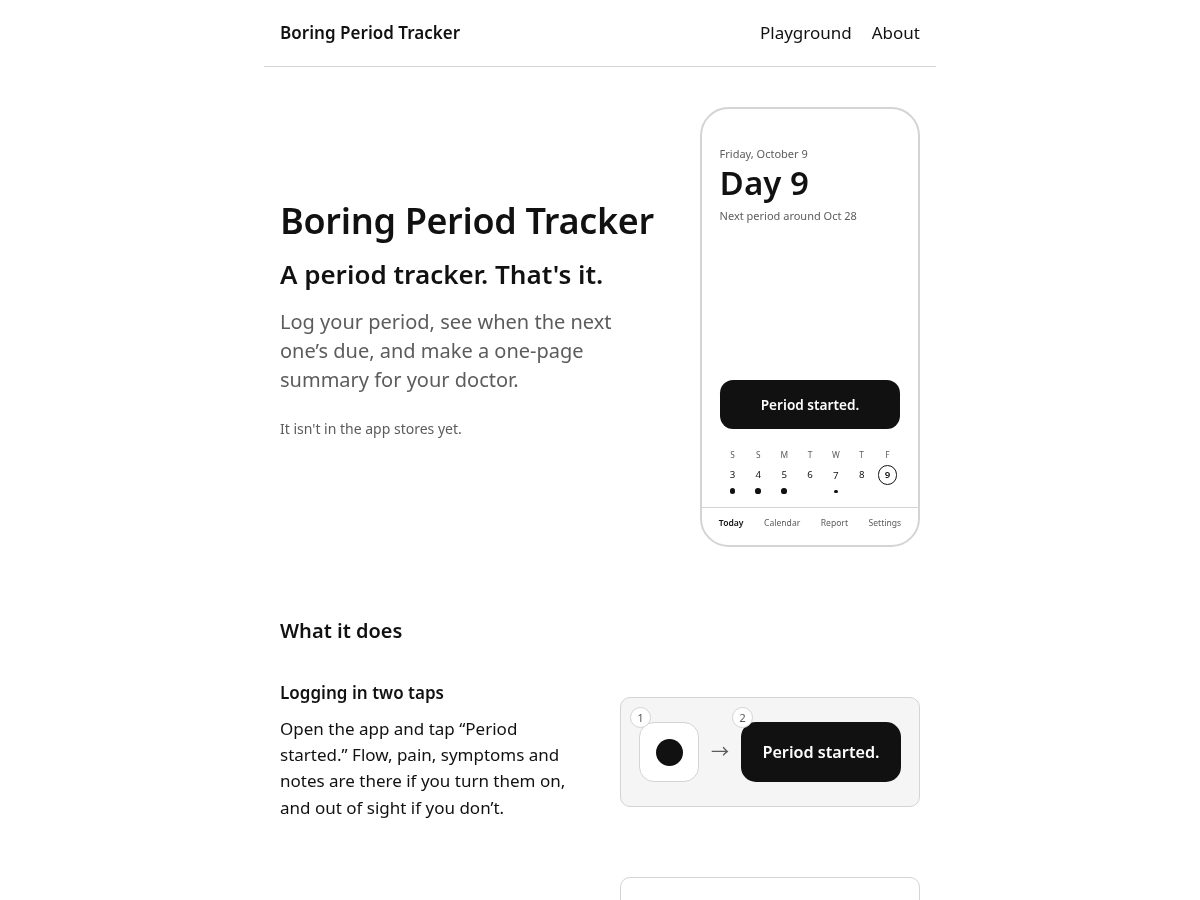 Landing-page snapshot of boringperiodtracker.com