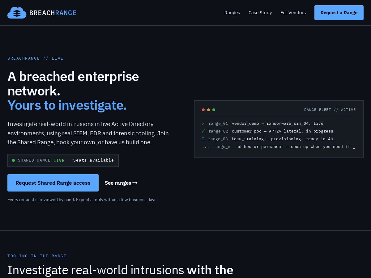 Landing-page snapshot of breachrange.com