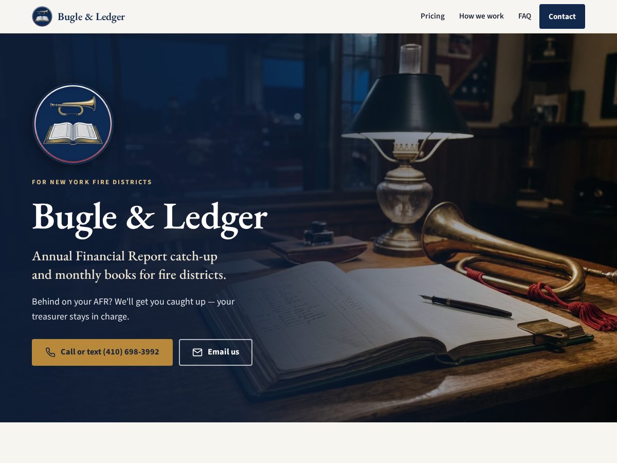 Landing-page snapshot of bugleandledger.com