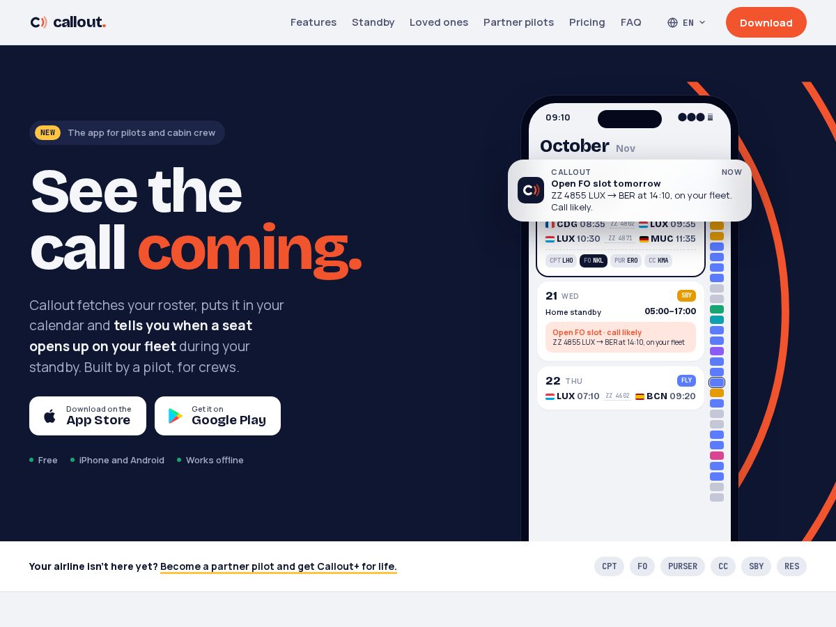 Landing-page snapshot of callout.aero