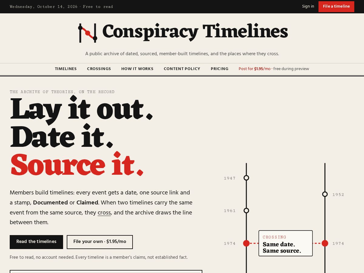 Landing-page snapshot of conspiracytimelines.com