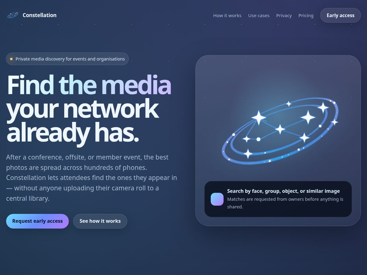 Landing-page snapshot of constellationmediasharing.com