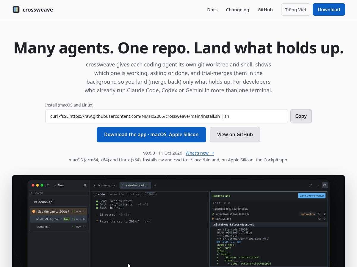 Landing-page snapshot of crossweave.dev