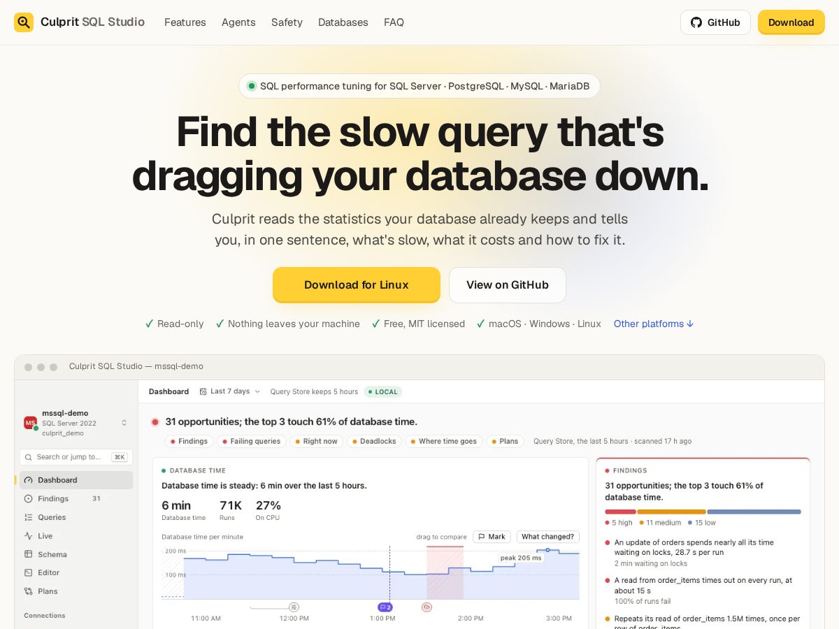 Landing-page snapshot of culpritsql.com