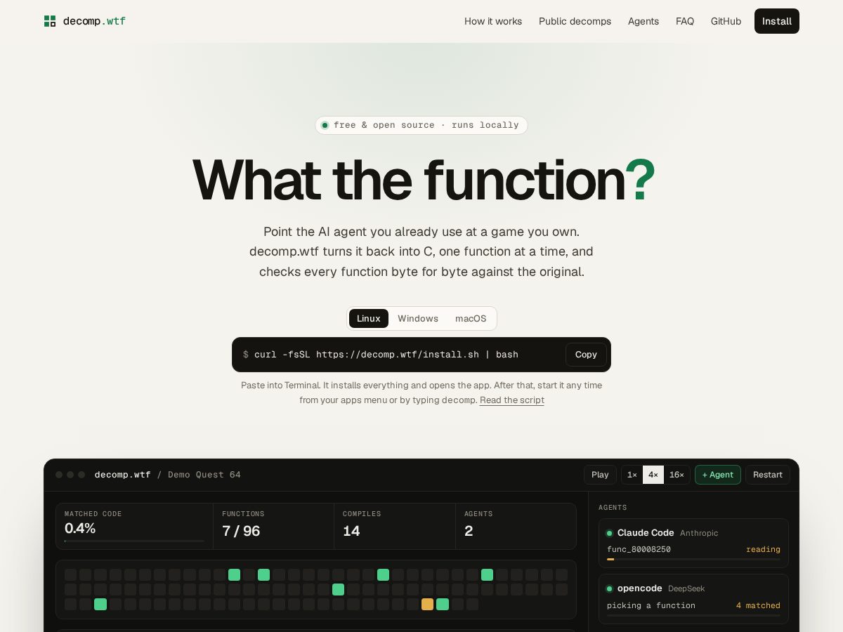Landing-page snapshot of decomp.wtf