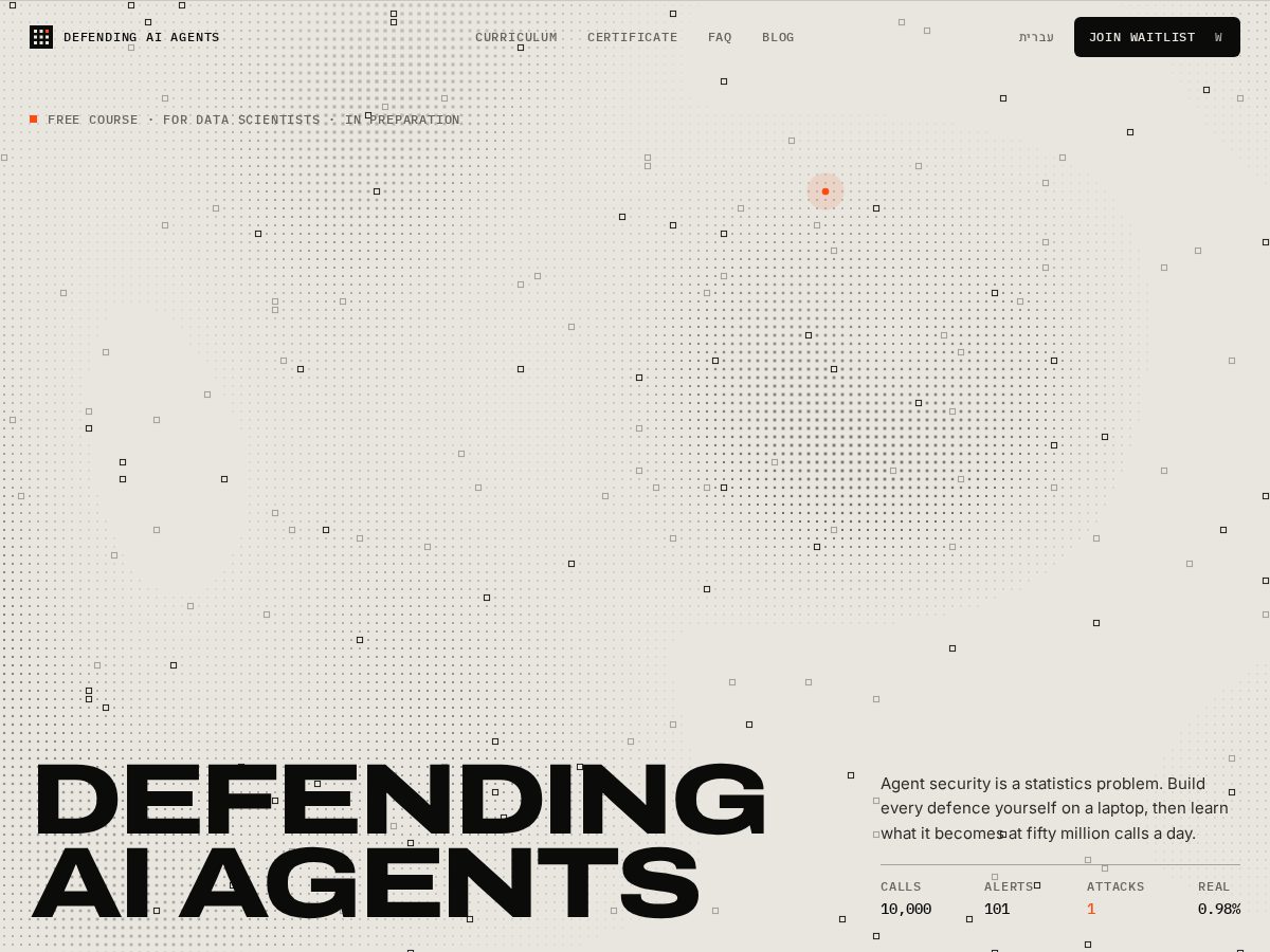 Landing-page snapshot of defendingaiagents.com