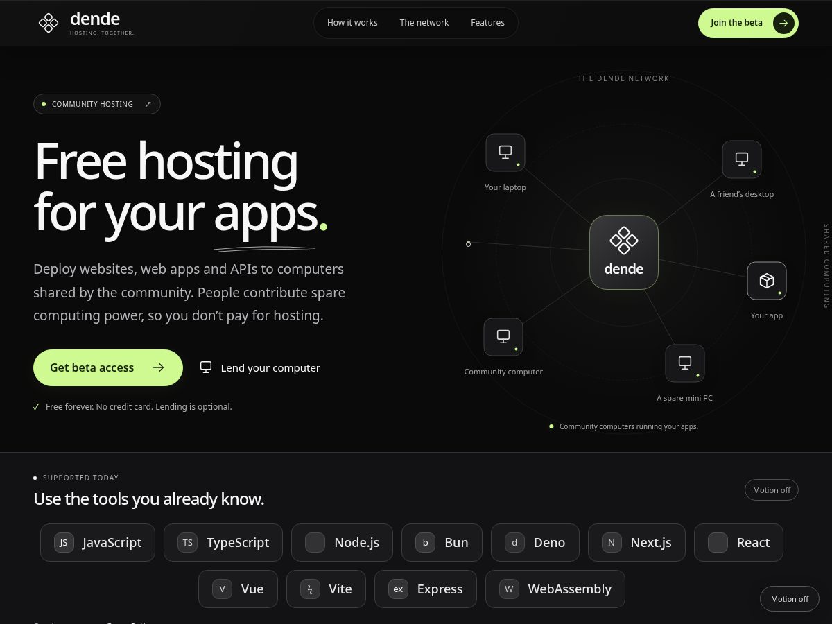 Landing-page snapshot of dende.cloud