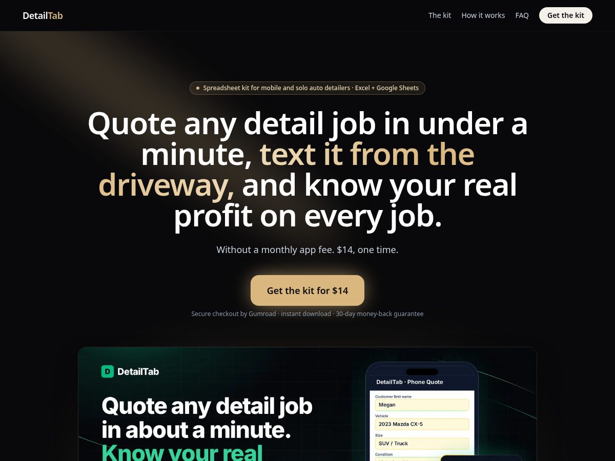 Landing-page snapshot of detailtab.com