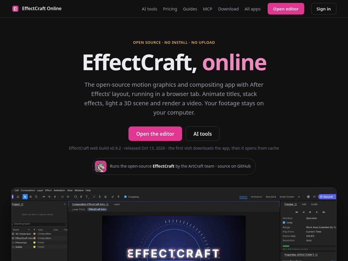 Landing-page snapshot of effectcraft.run