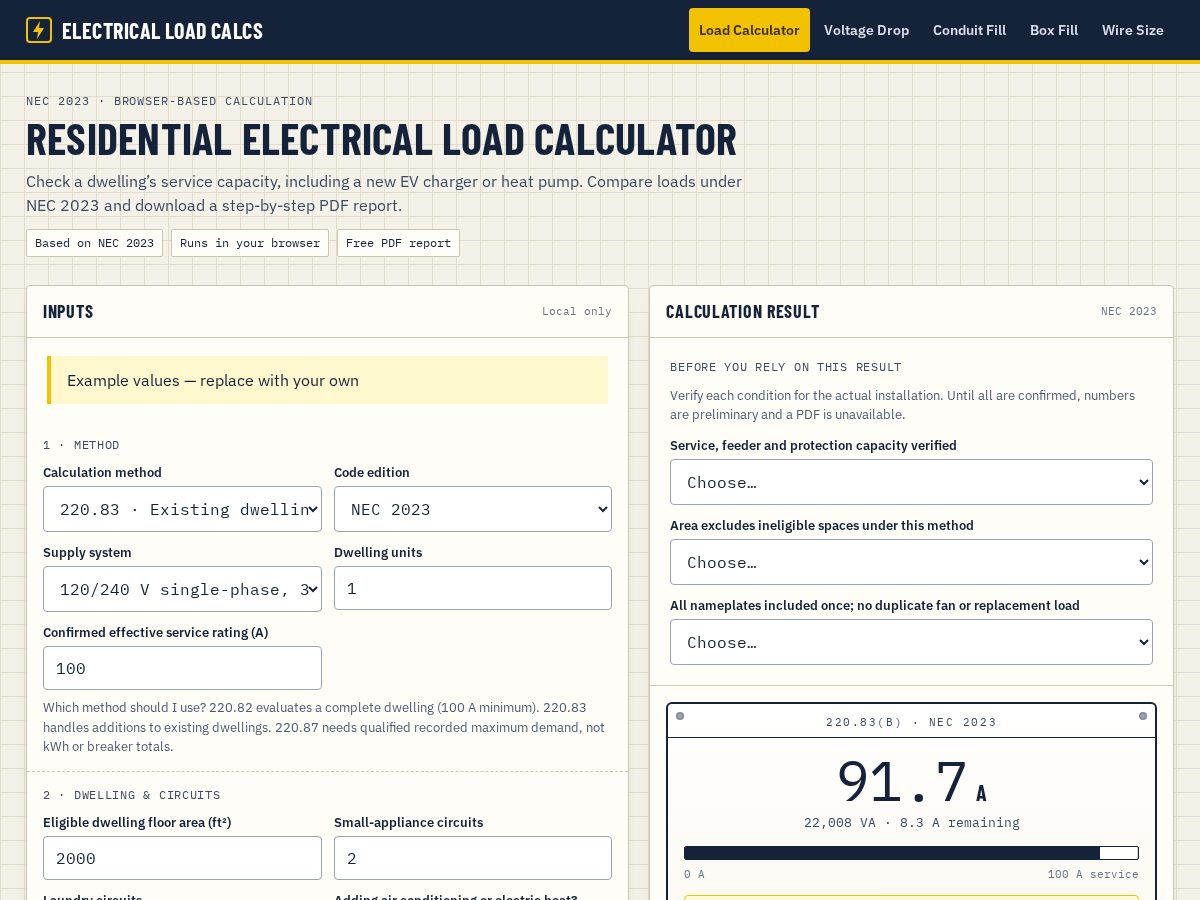Landing-page snapshot of electricalloadcalcs.com