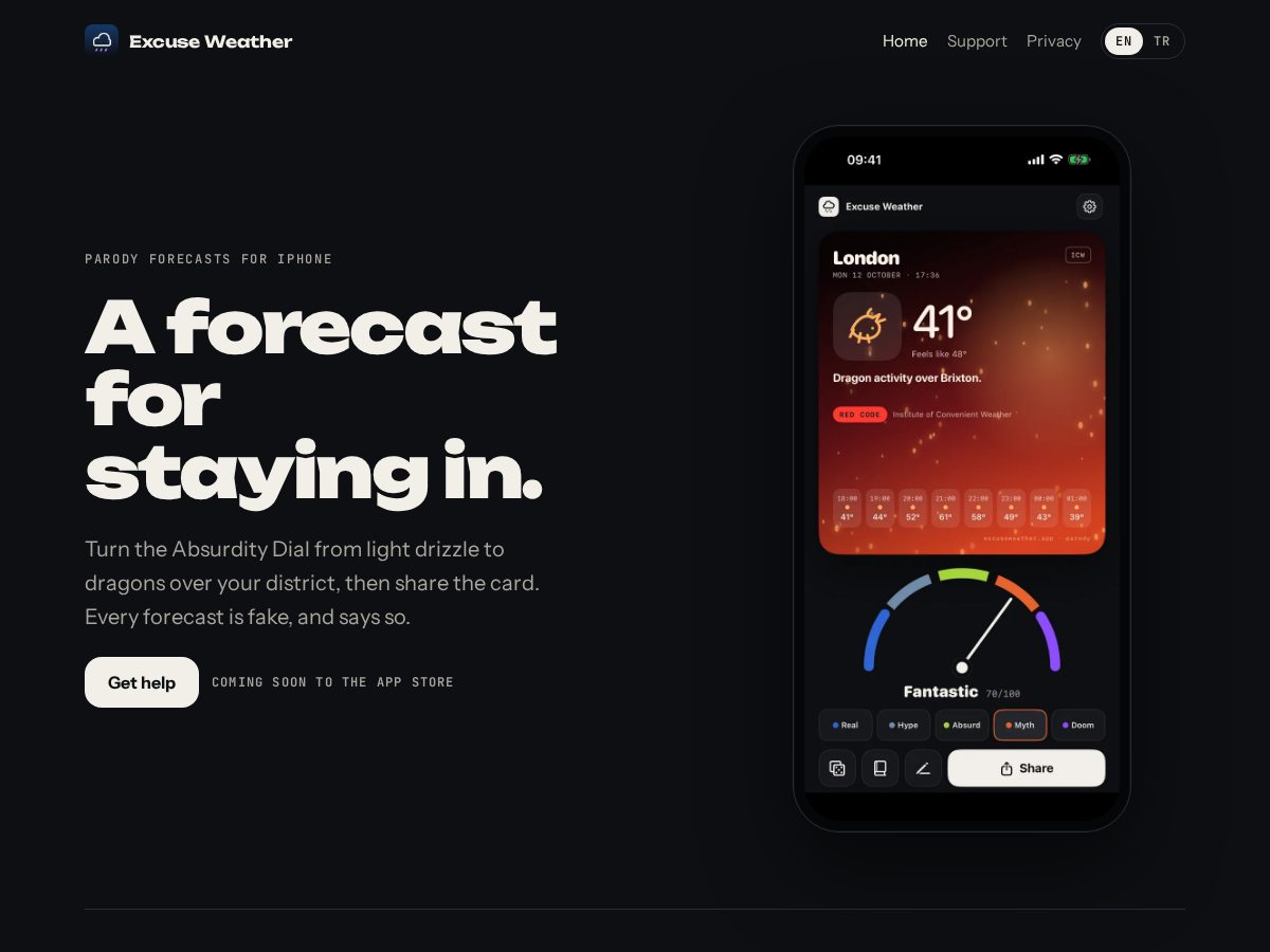Landing-page snapshot of excuseweather.app