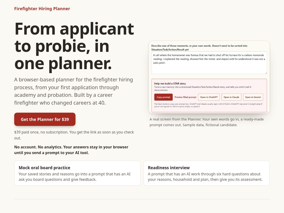 Landing-page snapshot of firefighterhiringplanner.com