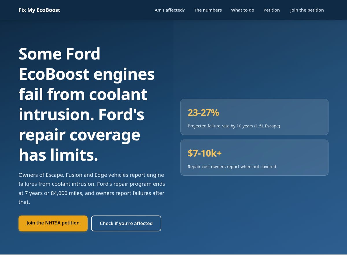 Landing-page snapshot of fixmyecoboost.org