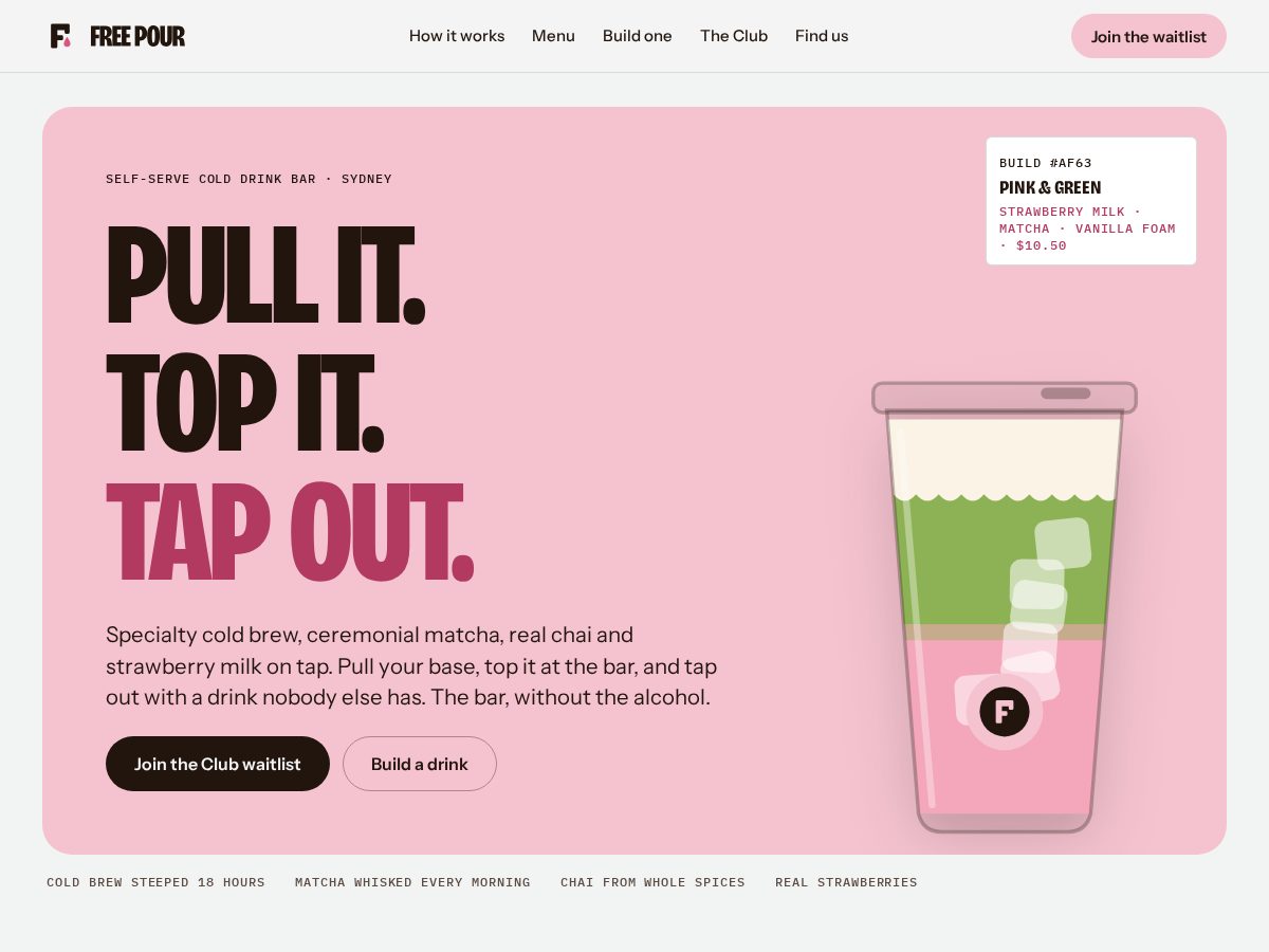 Landing-page snapshot of freepour.bar
