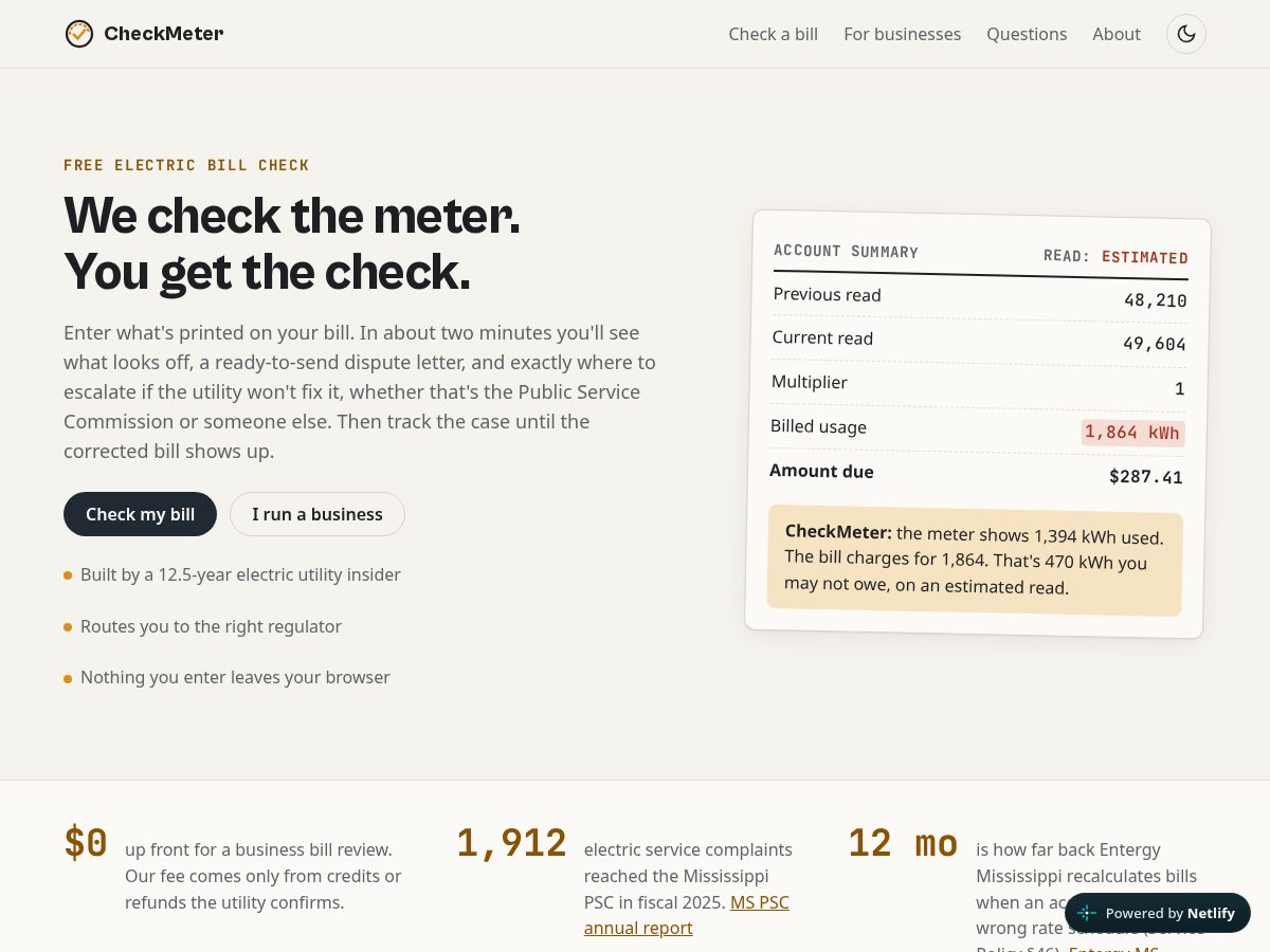 Landing-page snapshot of getcheckmeter.com