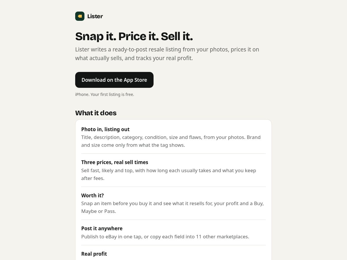 Landing-page snapshot of getlister.app
