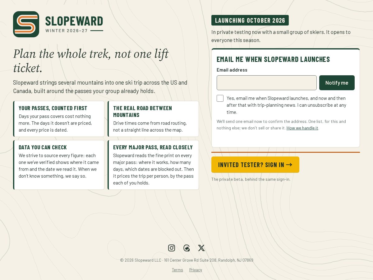 Landing-page snapshot of getslopeward.com