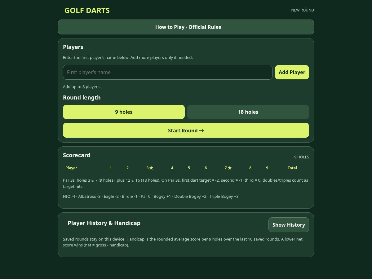 Landing-page snapshot of golfdarts.app