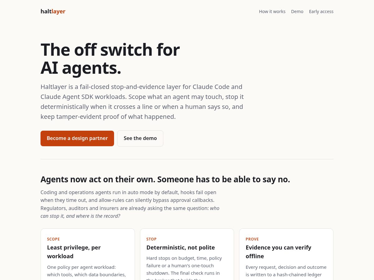 Landing-page snapshot of haltlayer.com