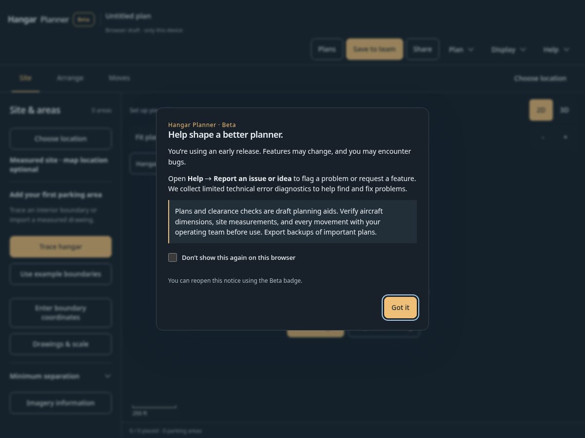 Landing-page snapshot of hangarplanner.app
