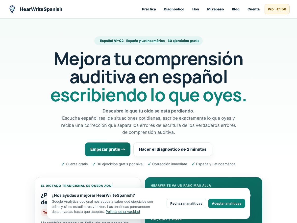 Landing-page snapshot of hearwritespanish.com