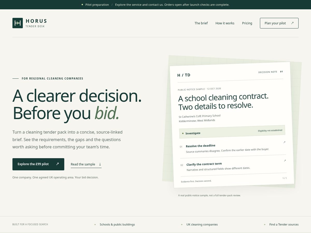 Landing-page snapshot of horustenderdesk.com