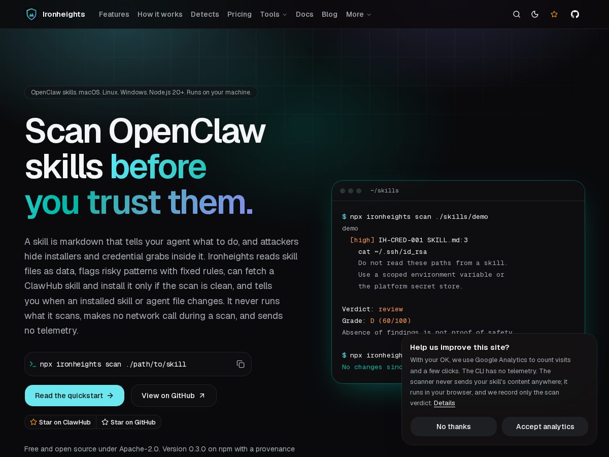 Landing-page snapshot of ironheights.dev