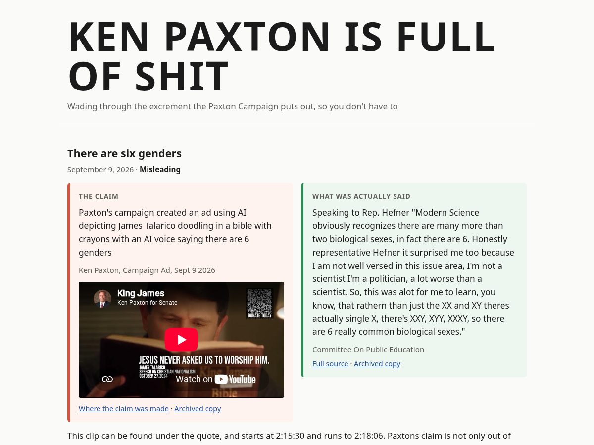 Landing-page snapshot of kenpaxtonisfullofshit.com
