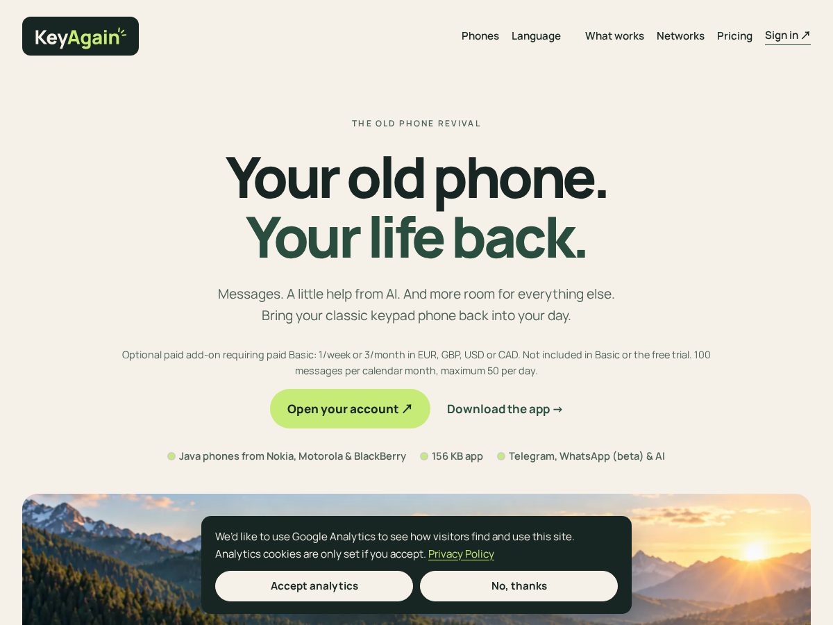 Landing-page snapshot of keyagain.app