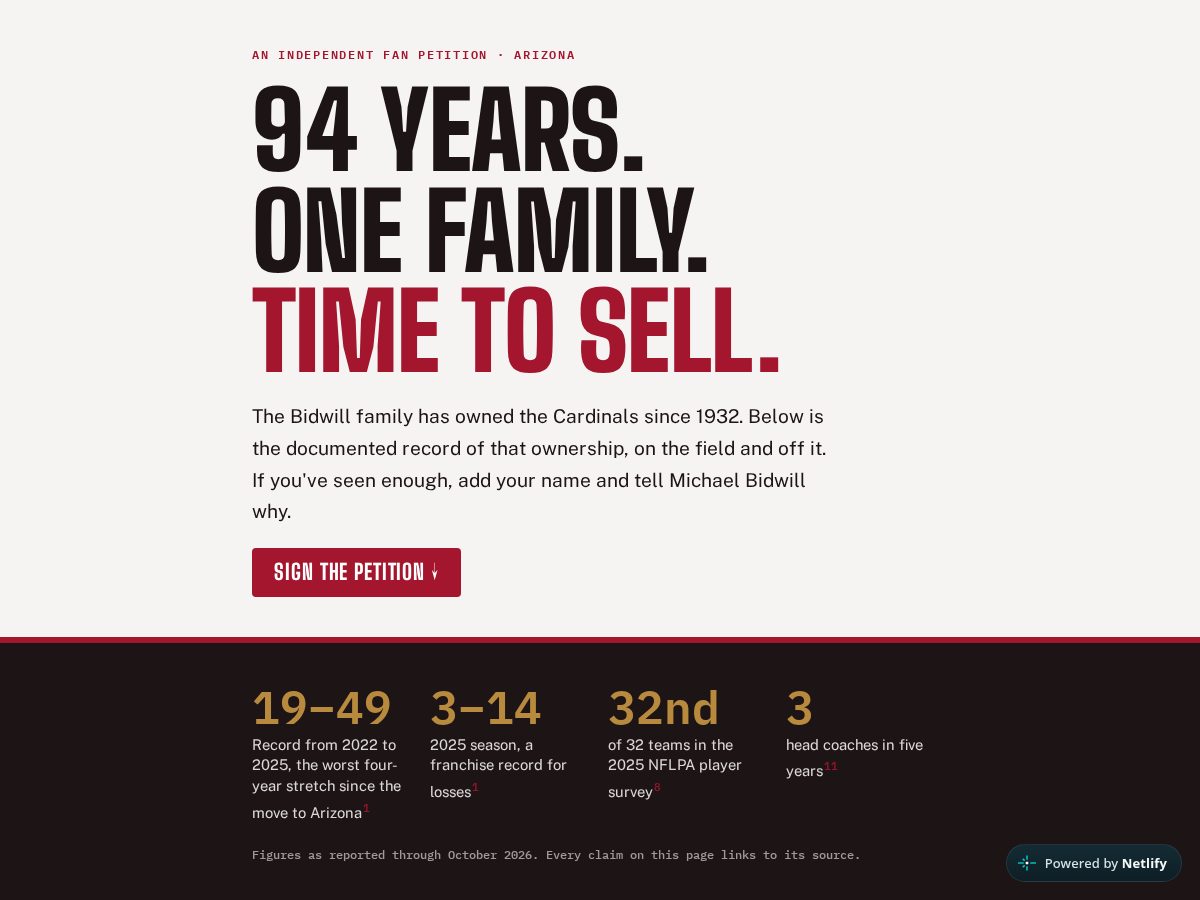 Landing-page snapshot of makebidwillsellthecardinals.com
