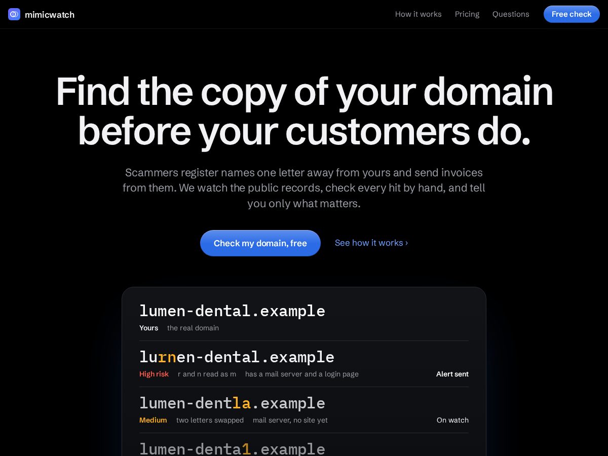 Landing-page snapshot of mimicwatch.com