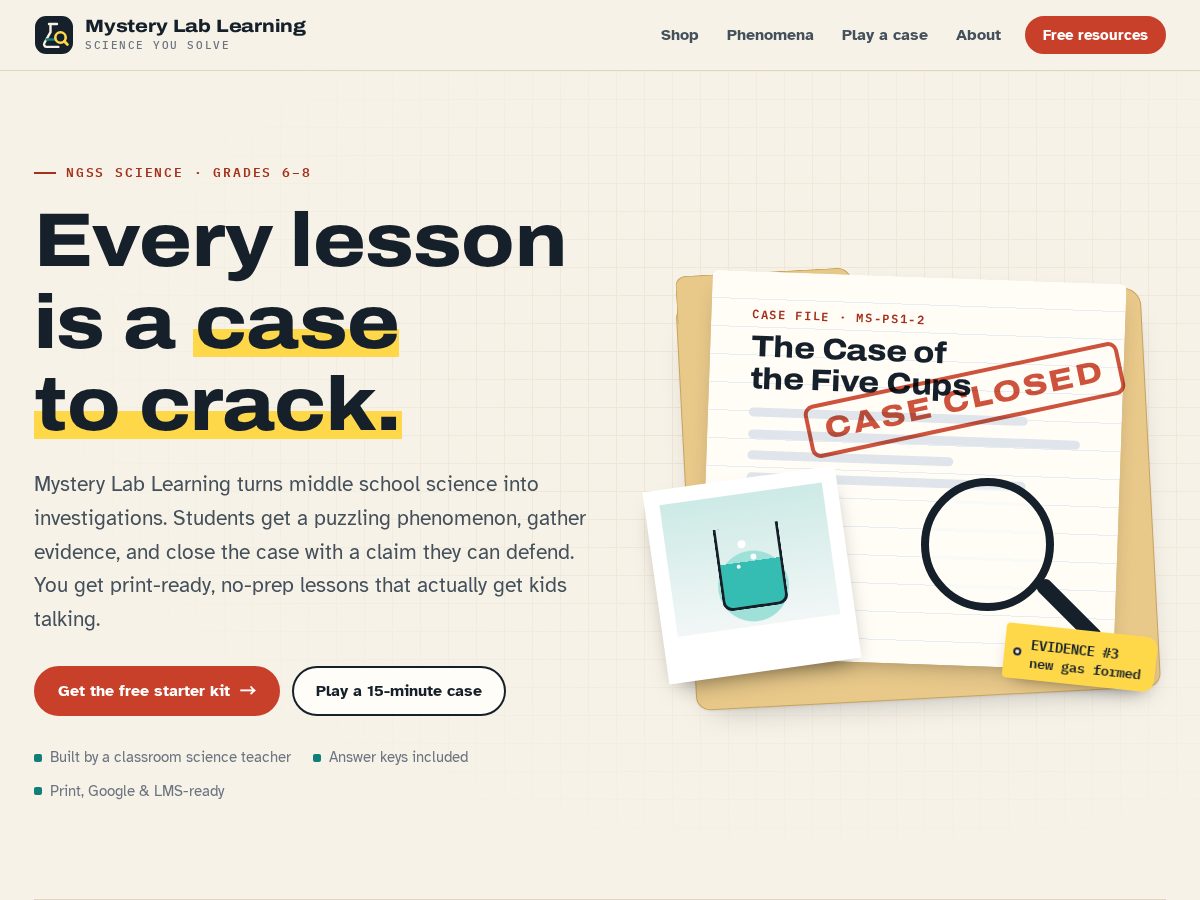 Landing-page snapshot of mysterylablearning.com
