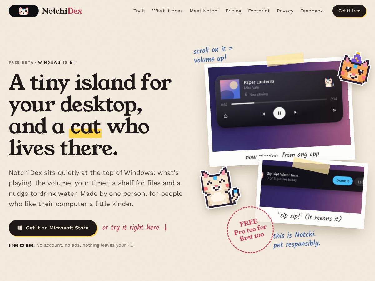 Landing-page snapshot of notchidex.dev