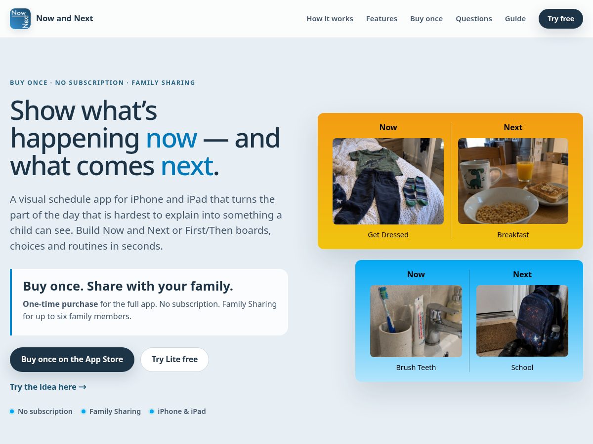 Landing-page snapshot of nowandnextapp.com