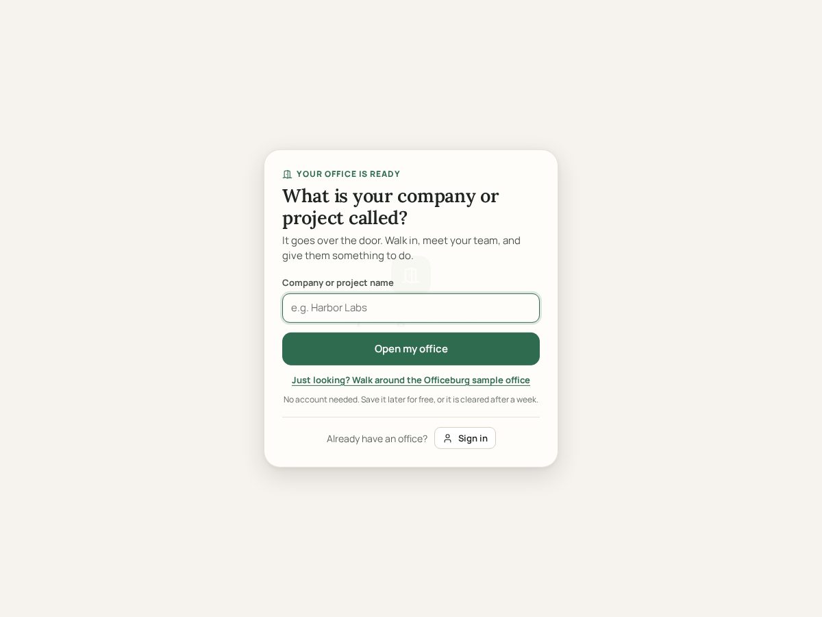 Landing-page snapshot of officeburg.com
