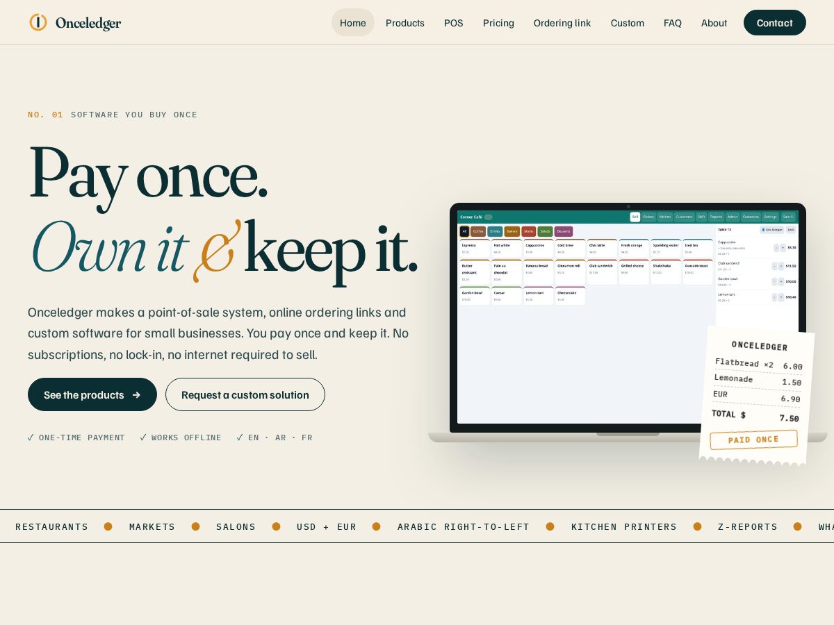 Landing-page snapshot of onceledger.com